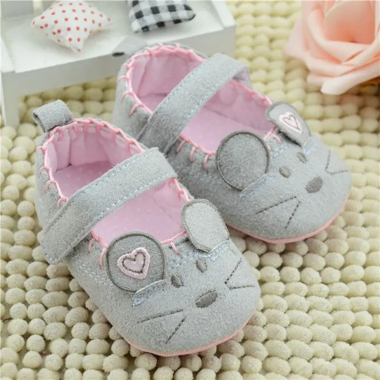 Cute Baby Girls First walkers Cotton Grey Cartoon Mouse Soft with Pattern Shading Soft Sole Baby