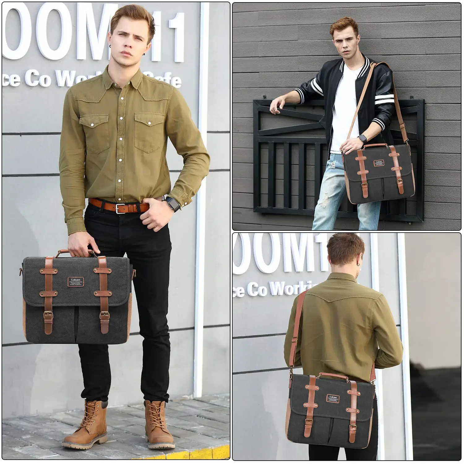 Lokass 15.6 Inch Laptop Shoulder Bag Canvas Genuine Leather Business