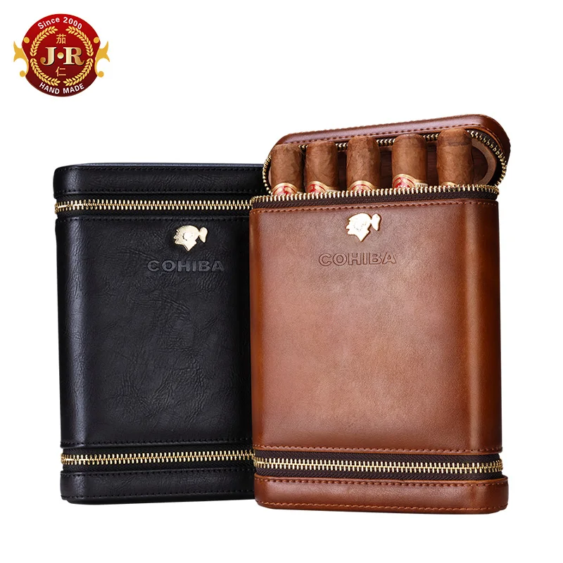 

COHIBA Luxury Travel Cigar Case Holder Portable Cedar Wood leather humidor Humidifier Moisturizing free ship CF-0135