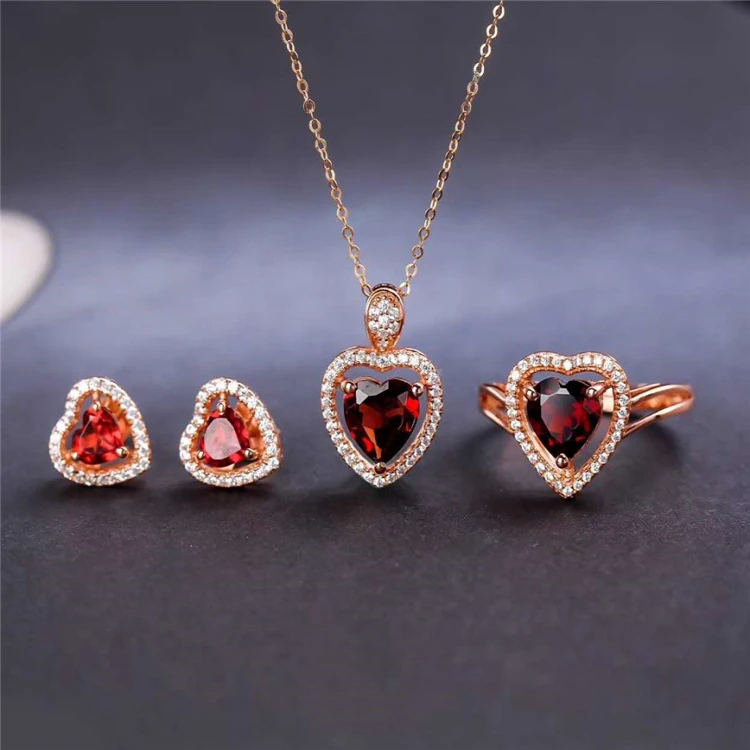 

SGARIT new fashion gemstone jewelry set 925 silver natural red garnet crystal heart jewelry sets