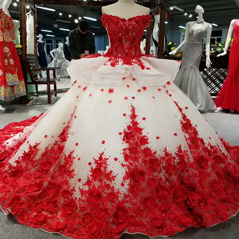 

Jancember LSS037 strapless appliqued organza party night long dresses for girls ball gown red prom dress