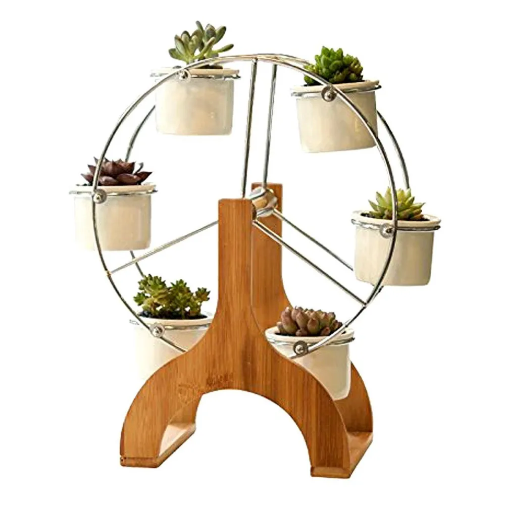 Creative Ferris Wheel Flower Design Pot Bamboo Stand 6 Succulent Plant