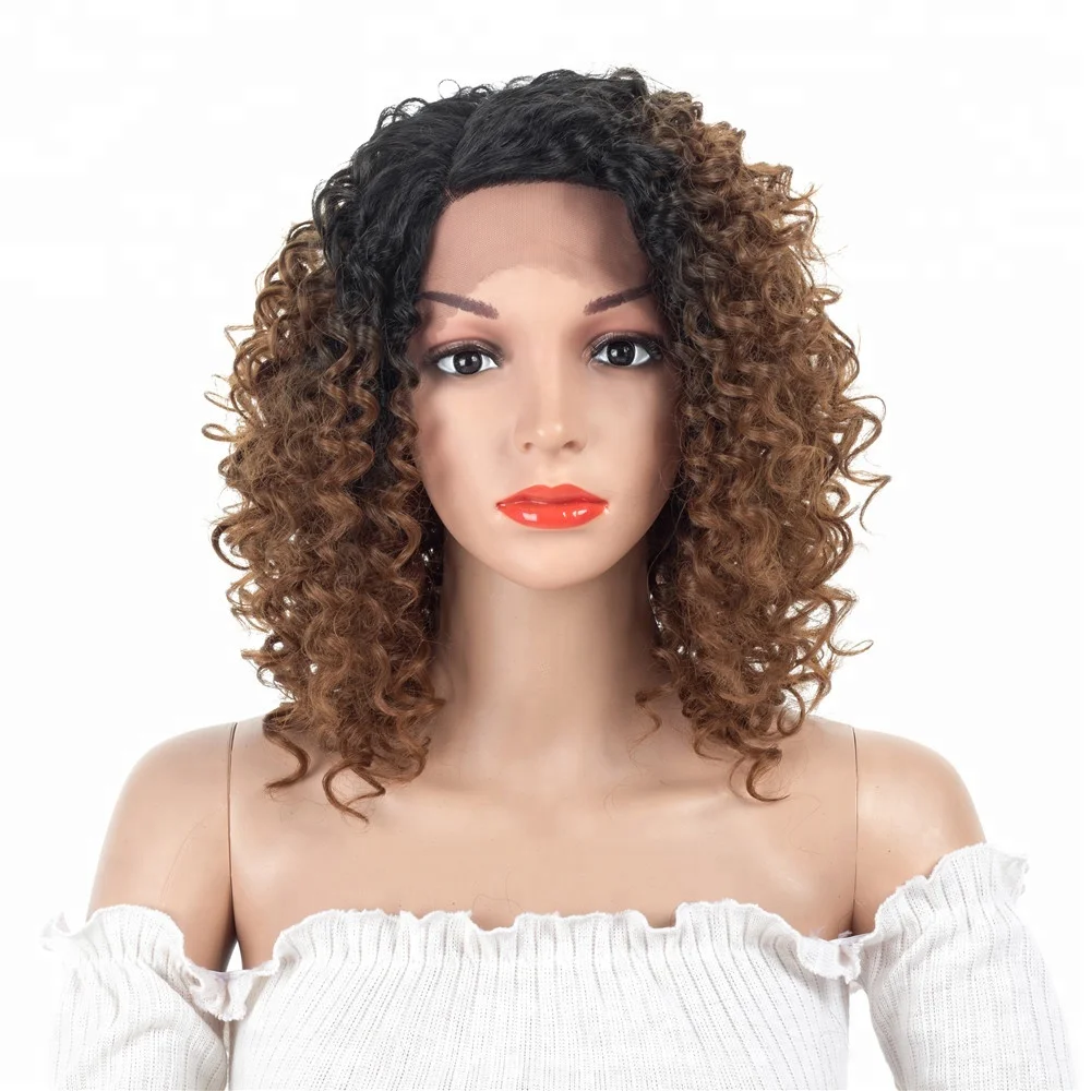 

Afro Kinky Curly Synthetic Lace Front Wigs Two Tone Ombre Brown Long Fluffy Wig for African American Women