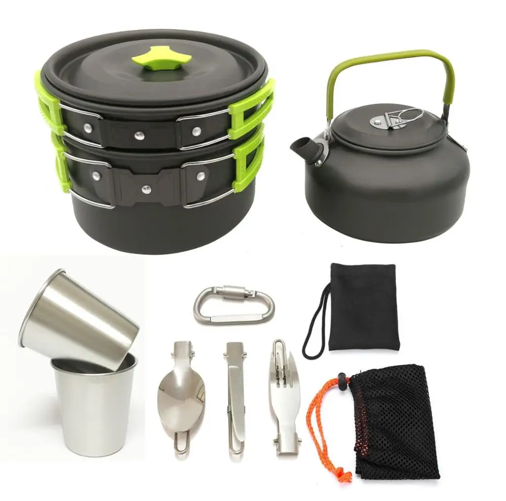 Outdoor Cooking Portable Pot Pan Kettle Aluminum Alloy Camping Cookset with Fork Spoon Knife