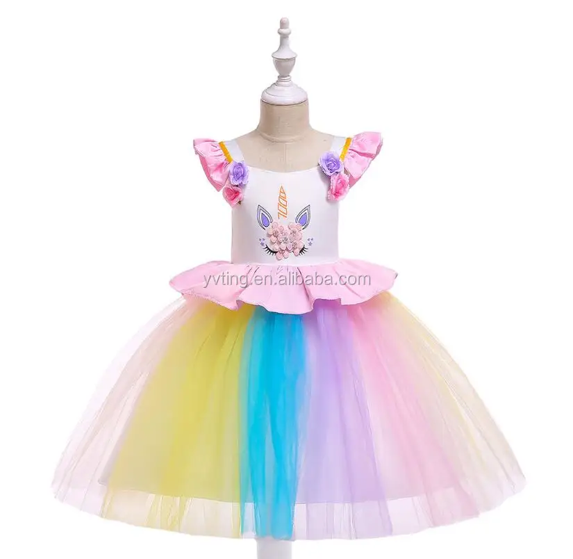 Baby Girl Unicorn Flower Princess Dress Birthday Party Princess Dress Stitching Colorful Net Yarn Princess Dress