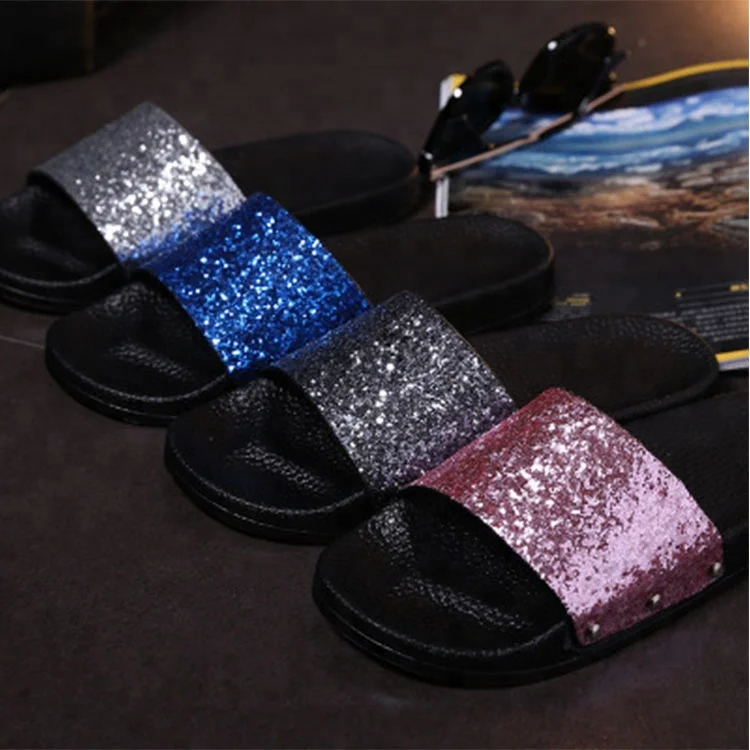 

Latest Casual Flat Open Toe Glitter Women's Slide Sandals, Customized