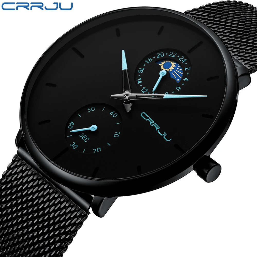 

Classic Men Luxury Brand Watches Black Stainless Steel Minimalist Male Analog Clock Waterproof CRRJU 2150 Quartz Men Wrist Watch, 3 colours