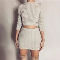 

Women Sexy Spring Knitted Tops and Mini Dress 2 Piece Set Fashion Hollow Out Short Bodycon Skirt and Sweater Two Piece Set