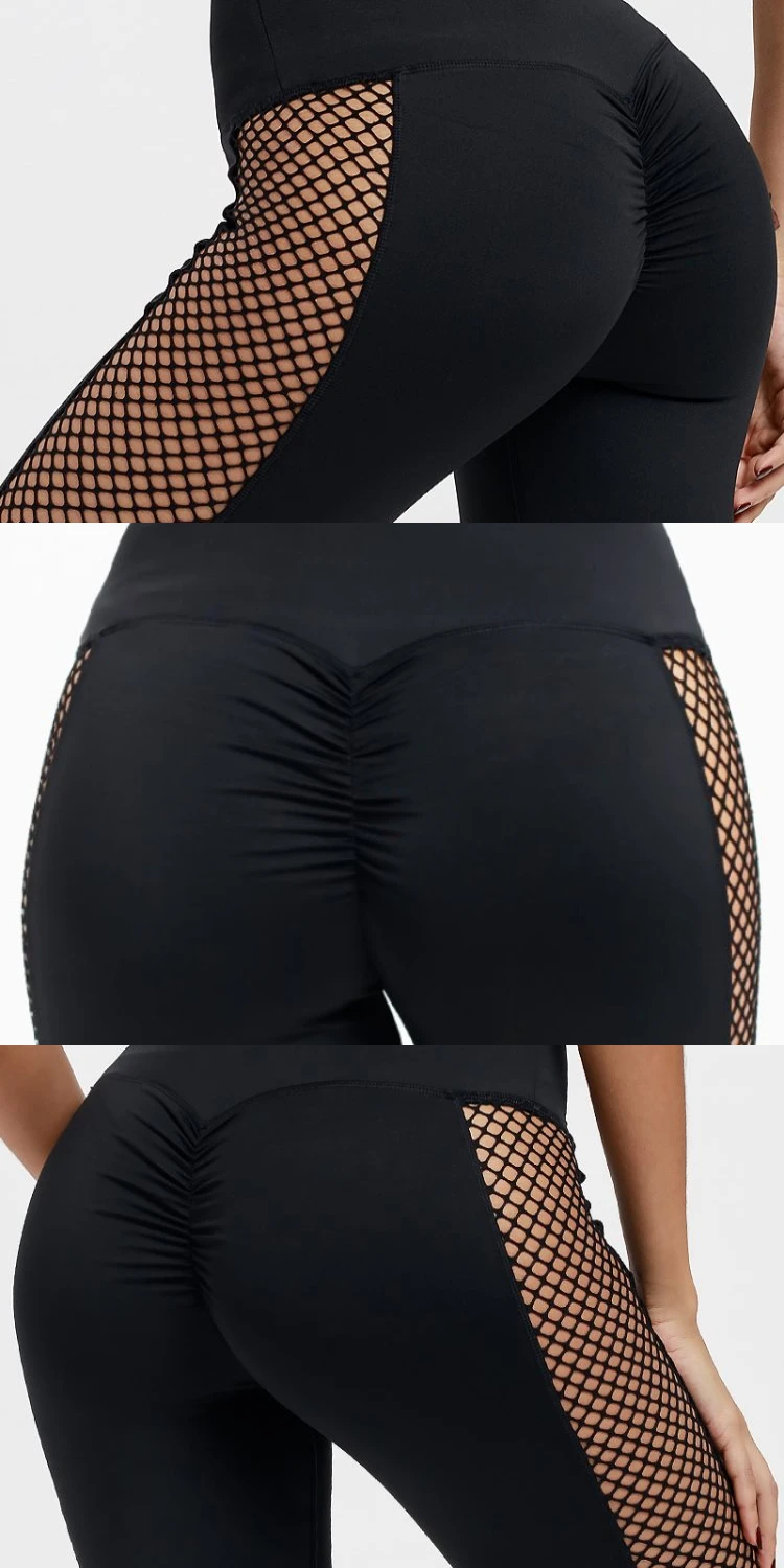 Wholesales High Waist Sexy See Through Side Mesh Patchwork Black Fitness Workout Gym Sports 