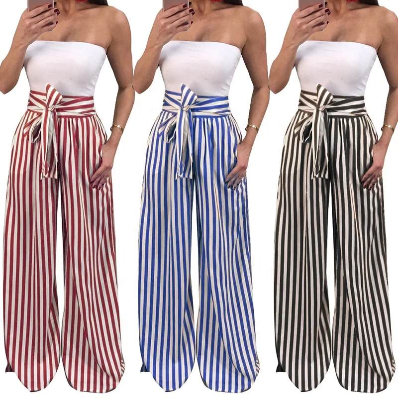 

fashion high waist vertical stripe wide leg trousers women casual long pant, Picture