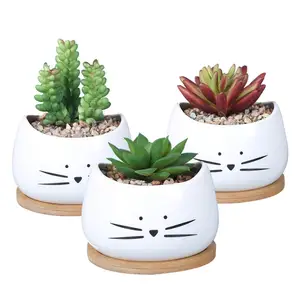 Image of 3.2in Mini Small Cute Cat Ceramic Succulent Planter Kit Unique Porcelain Balcony Decorative Flower Pots