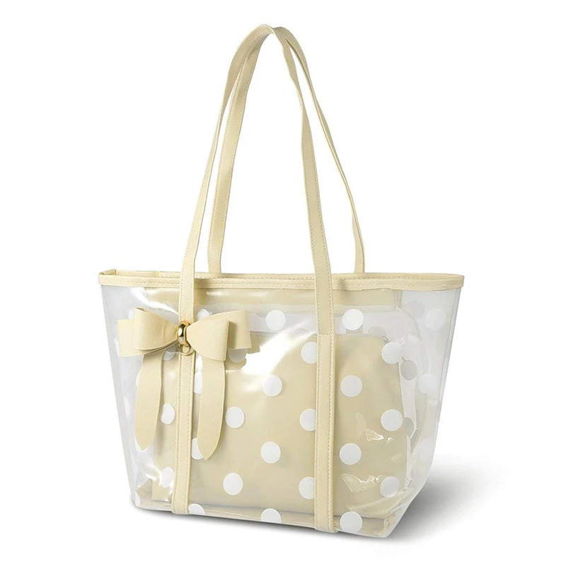 

Fashion 2 In 1 Polka Dot Bowknot Waterproof Clear PVC Zipper Tote Bag Handbag, White or customized your required color