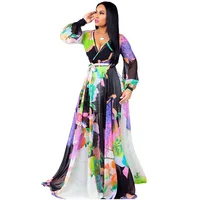 

Women clothing stylish chiffon v-neck floral printed maxi plus size dress with waist belt