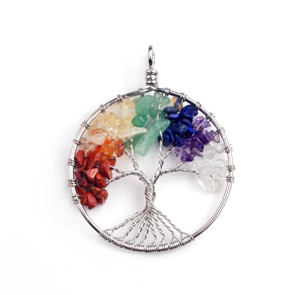 

Charm 7 Chakra Stone Round Pendulum Silver Plated Tree of Life Pendant Necklace, Seven chakra