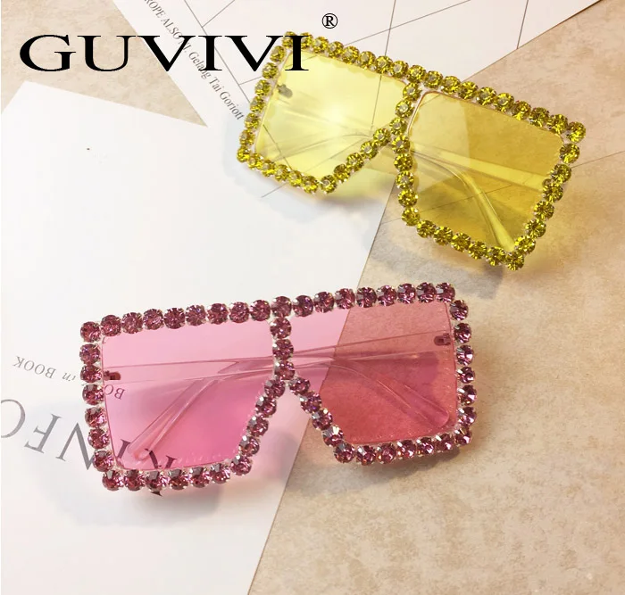 GUVIVI Oversized Square crystal Sunglasses wholesale Rhinestone Manufacture sunglasses Gradient Sunglasses 2019