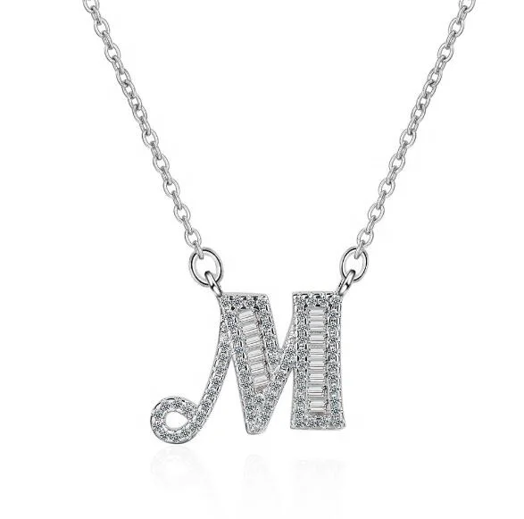 

High Quality White Gold Plate Letter Necklace Alphabet, Zircon Diamond Letter Necklace , Initial Necklace Letter, Silver