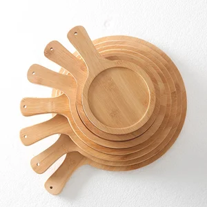 Image of Multifunction bamboo different size wooden serving tray pizza plate with handle