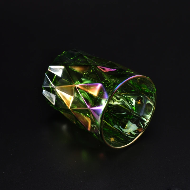 Green iridescent diamond glass candle jars home decoration wholesale