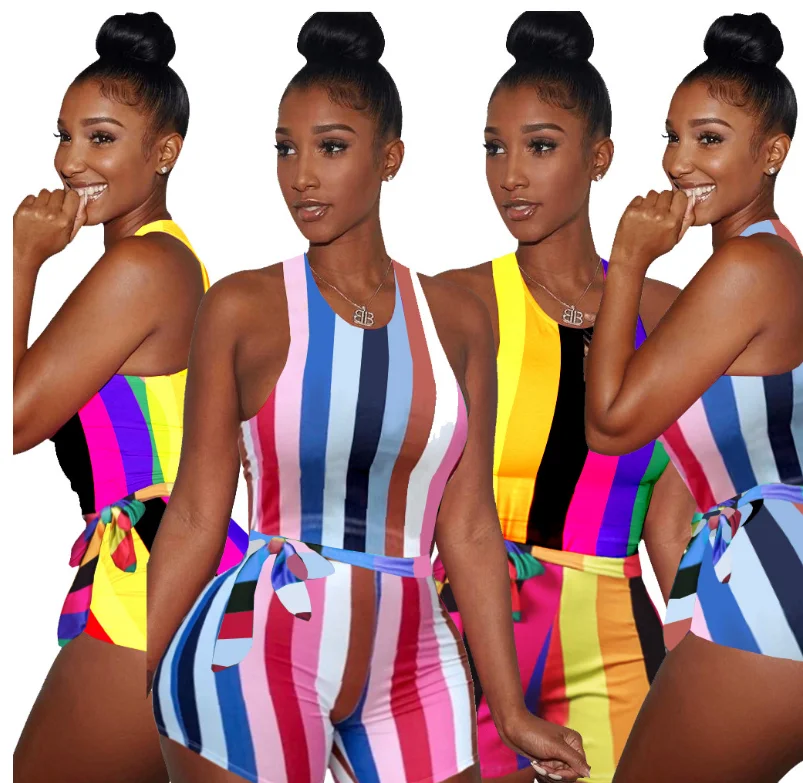 

European wholesale vertical striped rompers women jumpsuit summer sleeveless shorts feminino ladies casual body women