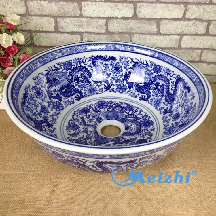 Moroccan hand painted blue circular round sink wash art basins