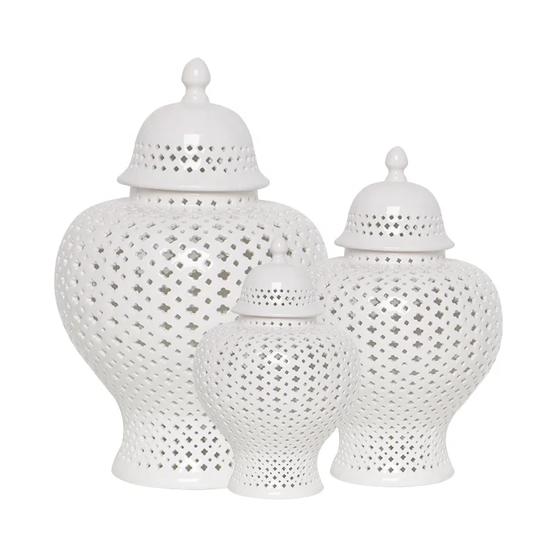 

Wholesale modern white ceramic hollow out temple jars Chinese porcelain decorative ginger jar with lid