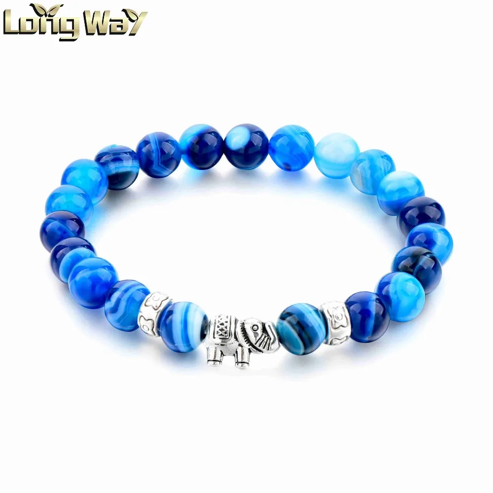 

Beautiful blue stripe agate natural stone beaded bracelet elephant beads bracelet