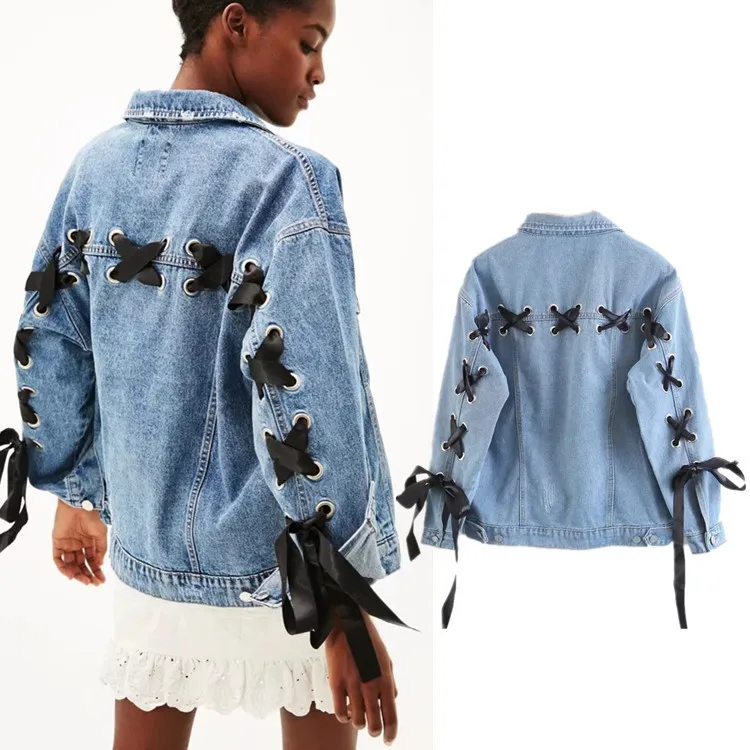 

China factory wholesale directly blue jeans jacket criss-cross lace up cotton vintage oversized coats womens jacket denim, Picture