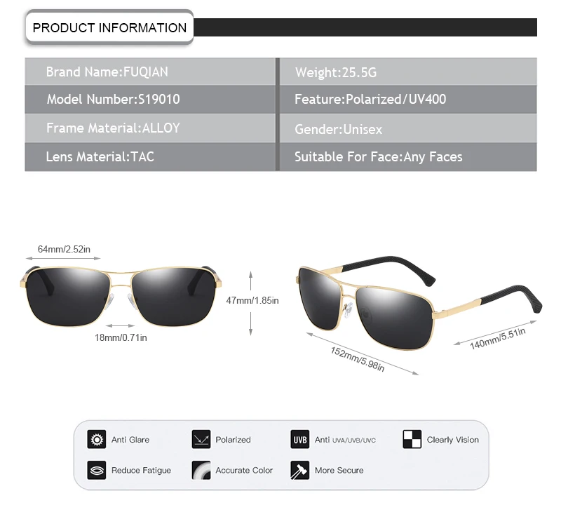 2019  Classic male TR90 square sun glasses metal frame  polarized men sunglasses
