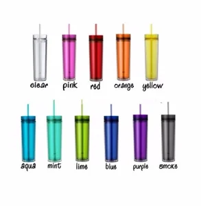 Image of 480ml/16OZ plastic mug Acrylic skinny straight tumbler bottle beer cup fruit juice resemble glass with lid straw