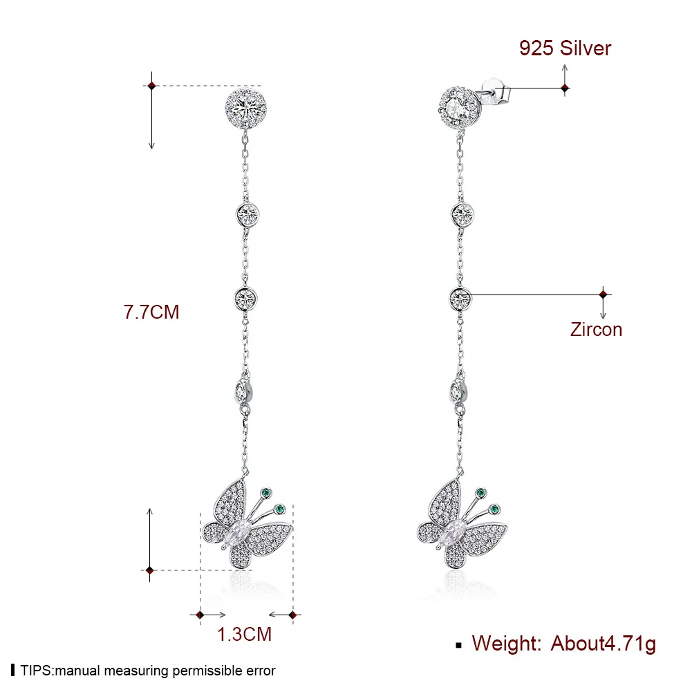 Butterfly S925 silver jewelry tassel pendant earrings