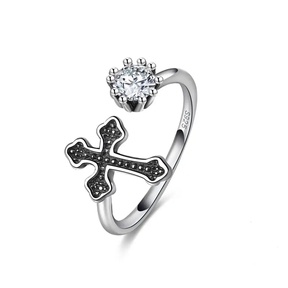 

RINNTIN SR130 Black Cross Ring White Zircon Rings Black Custom Ring, Silver