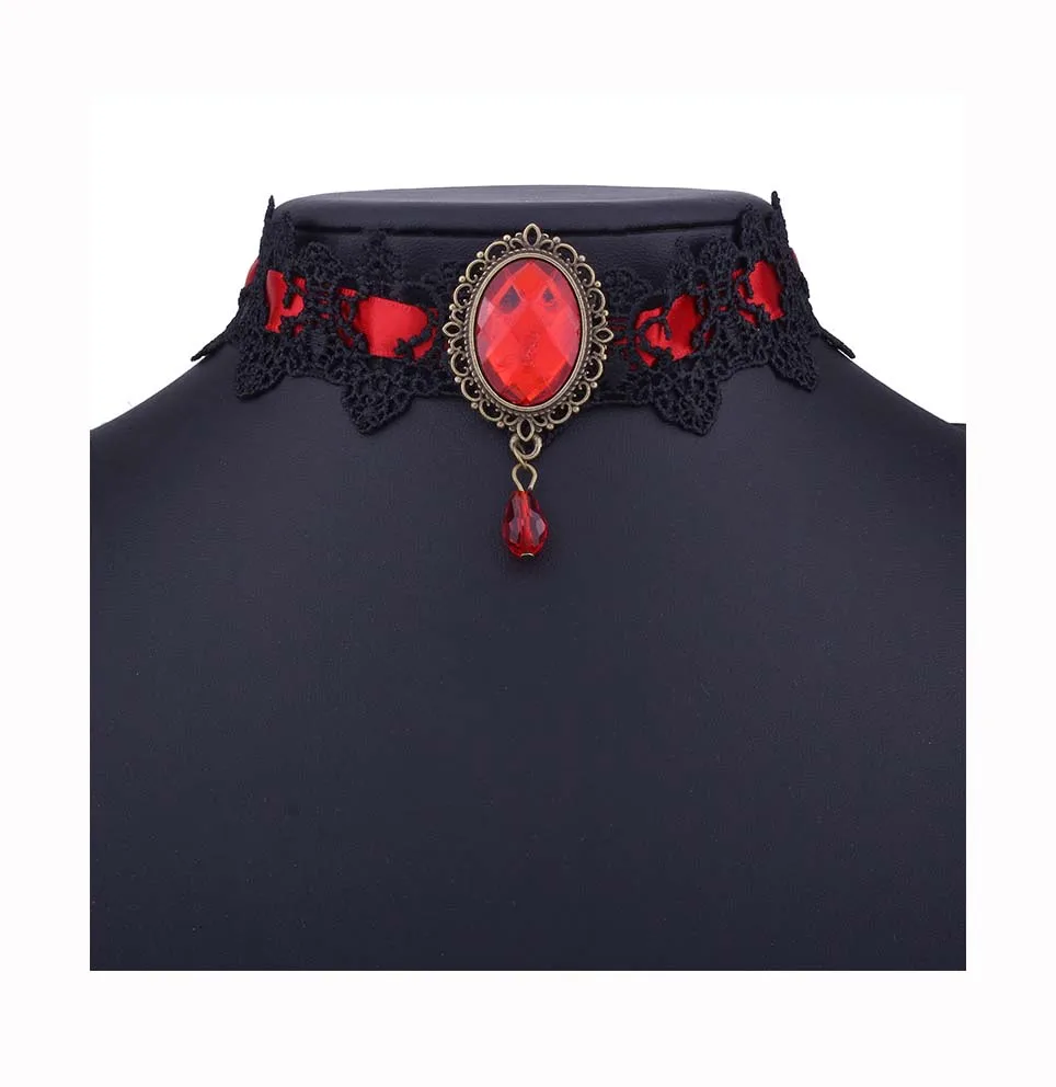 

2019 Latest Design Lace Choker Diamond Gothic Water Drop Shape Small Resin Pendant Necklace Women for Halloween Party Decoration, Customize