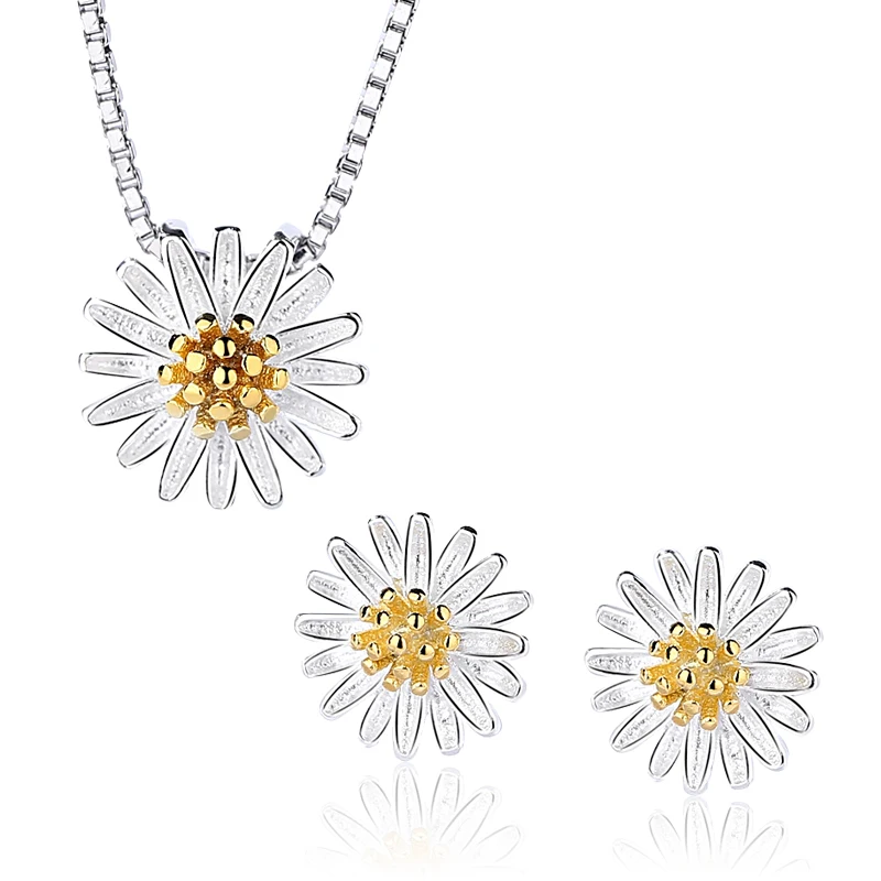 

Korean Simple 925 Sterling Silver Flower Jewelry Set Fashion Cute Little Daisy Jewelry Set Gold Plated For Girls