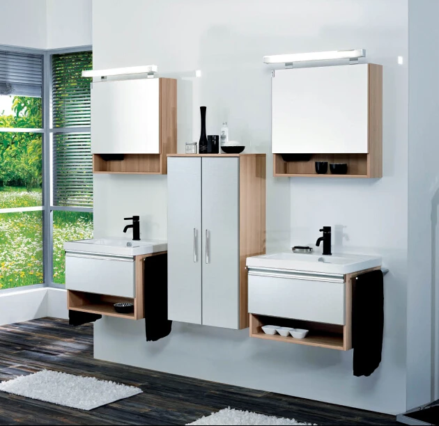 En forma de l doble lavabo cuarto de baño tocador de gabinete de