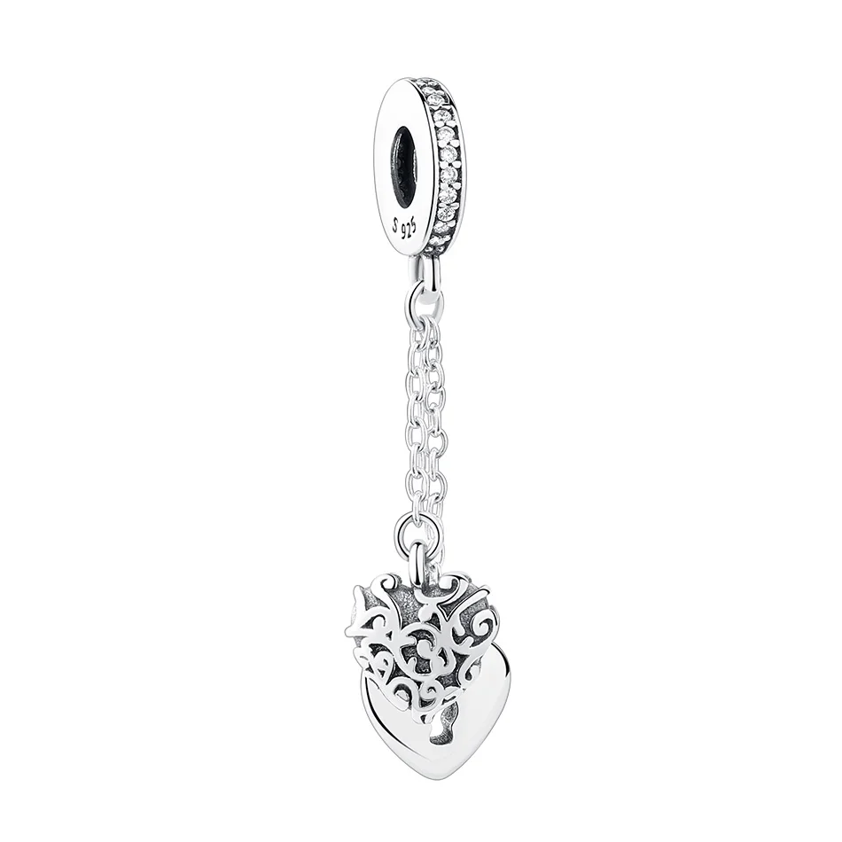 

925 Sterling Silver Lock Of Love Dangle Charm With S925 logo Double Heart Pendant For Charm Bracelet Making, Silver color