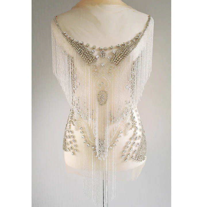 

Fashion Good Quality Handmade Beaded Crystal Rhinestone Bodice Dress Applique for Dress WDP-055, Clear stone