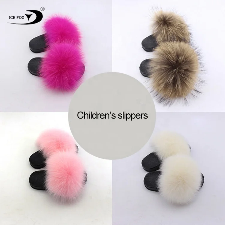 

Factory Special Summer Kids Fur Slides Girls Hot Sale Multi-color Optional Real Fox Fur Slippers, Customized color