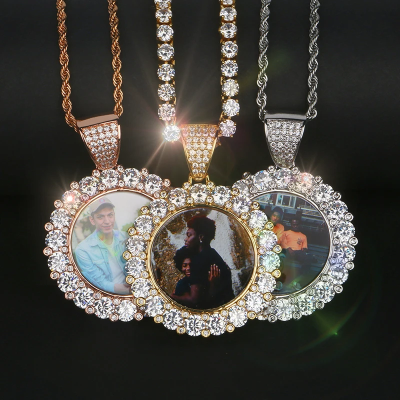 

Custom Photo Pendant Necklace Bling Zirconia with Tennis Chain Hip Hop Pendant, Silver gold