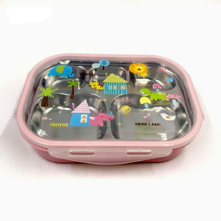 

5 Compartment Bento Box Rectangle Leak Proof Plastic 304 Stainless Steel Lunch Box For Kids