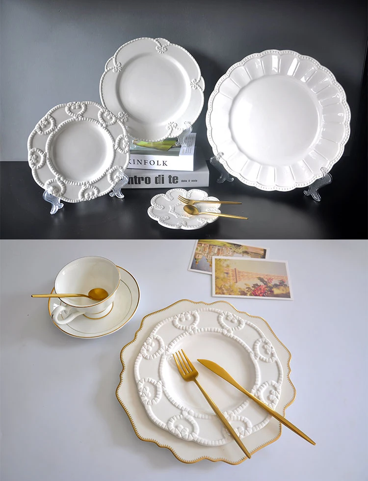 Elegant Western Style White Embossed Ceramic Dinnerware Sets For