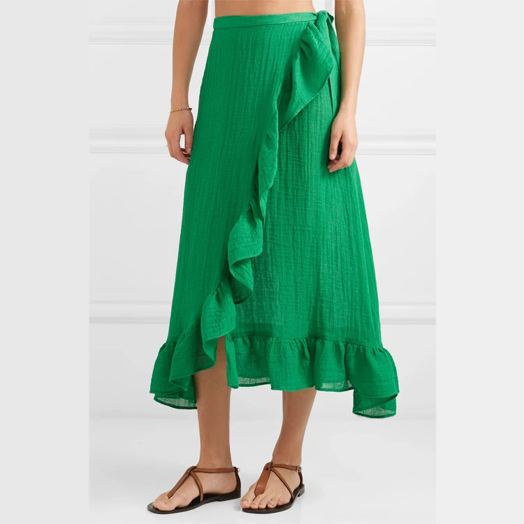秋季女装涤纶面料高腰荷叶时尚休闲不对称裙子