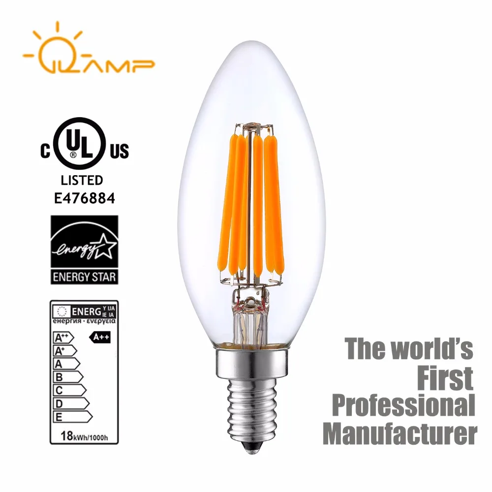 UL CUL Led Candle Light 4W 6W 360 Degrees 2200K 3000K B11 E12 Glass Filament Led Lamp