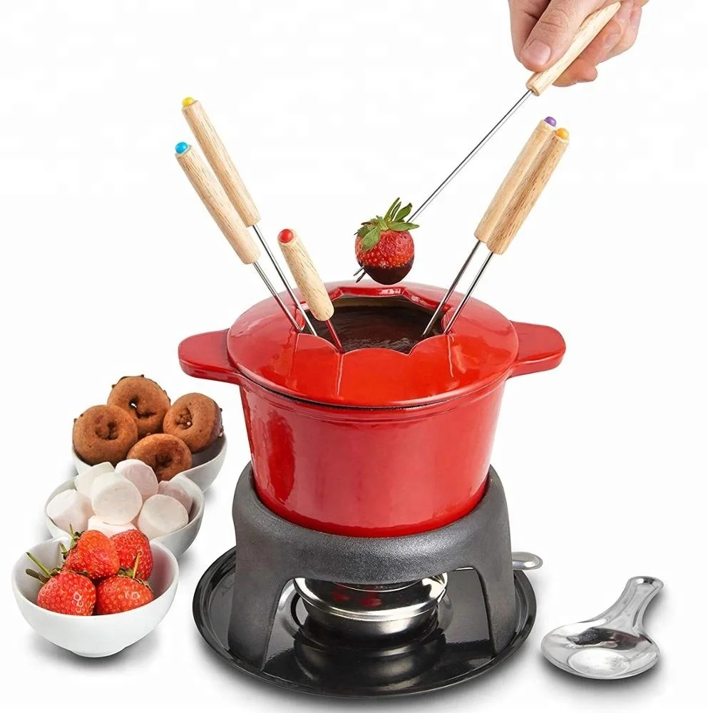 
Fondue Set with 6 Forks Stylish Cast Iron Porcelain Enamel Pot Makes All Styles of Fondue Such as Cheese and Chocolate 63 fl oz 