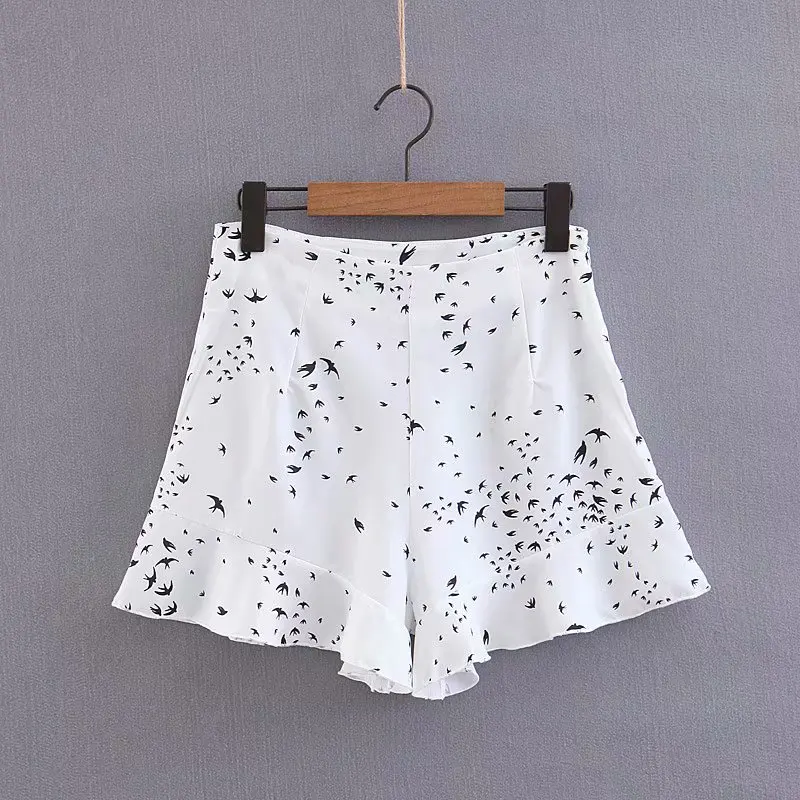 

Bird printed ruffle decoration fashion design summer shorts women casual chiffon clothes