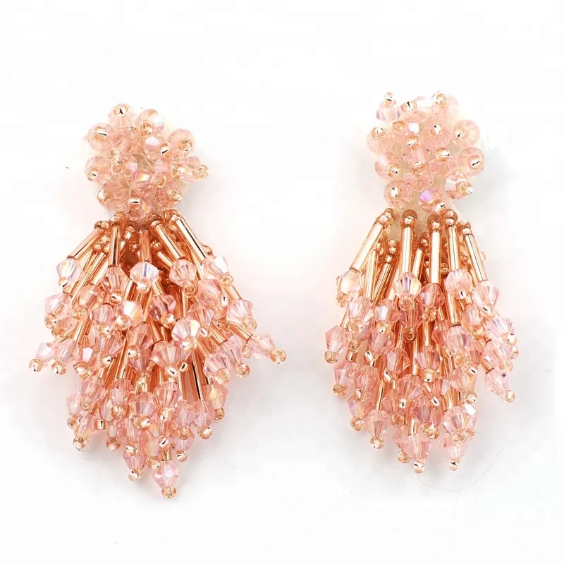 

6 x 4 cm 18.5g New Fashion South Korean Dongdaemun Handmade Pink Crystal Bead Earrings, Pink;black;white;champaign