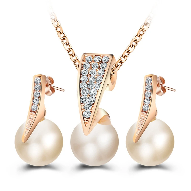 

New Designs Jewelry Set Gold Plated Crystal Inlay Pearl Pendant Necklace and Stud Earrings Set Pearl Jewelry Wholesale