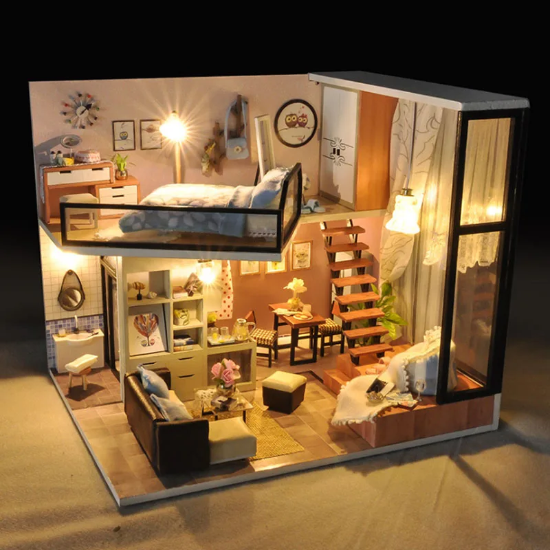 
Handmade double floor model furniture kits miniature LED lights wooden dollhouse diy TYD2284 