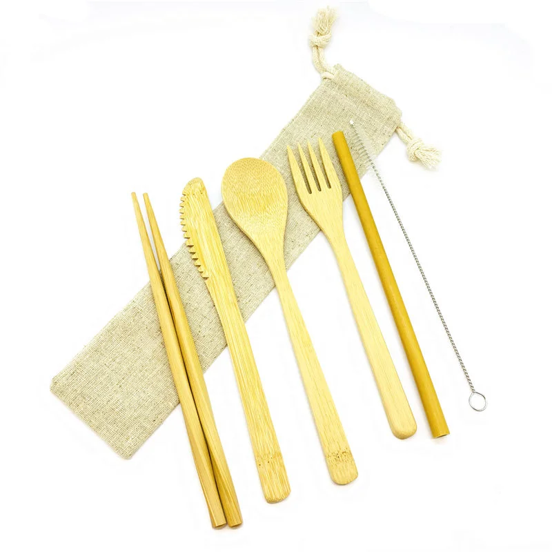 Kitchen Bamboo Utensils Lightweight Reusable travel flatware With Case Eco Friendly Cloth pouch Camping Cutlery Set