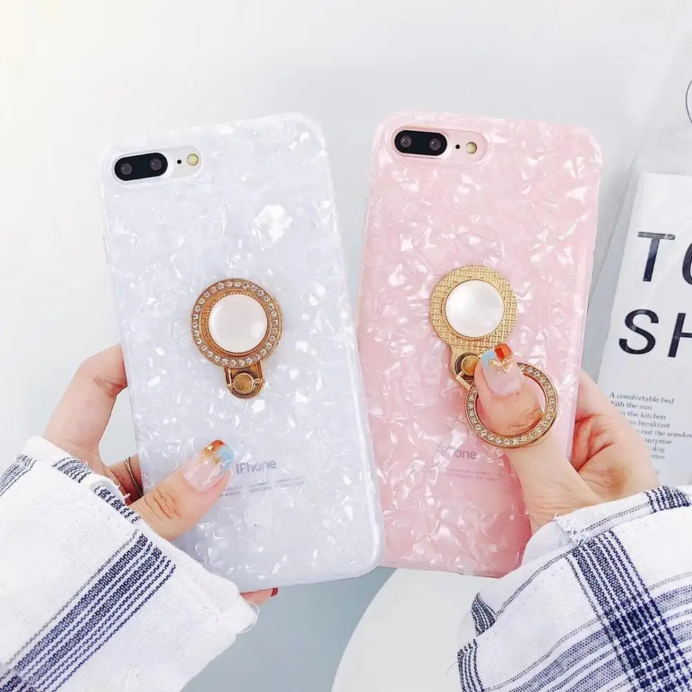 USLION Marble Shell Glitter Soft TPU Phone Case with Ring Stand Holder for iphone X 6 7 8 Plus