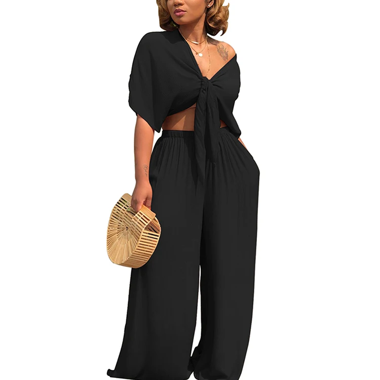 

Summer Sexy Casual Loose Wide Leg Pants Women 2 Piece Set, As show